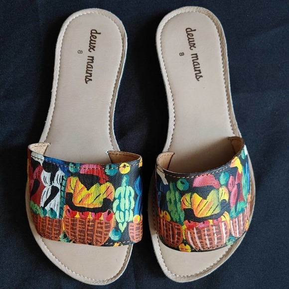 Deux Mains Sandals Handpainted Tropical Recyled Tire Bottom 8 - Picture 1 of 7